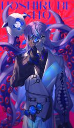  1boy absurdres belt belt_buckle black_gloves black_shirt blue_hair buckle chain character_name collar collared_shirt commentary_request cowboy_shot crack cracked_skin crossed_bangs gloves green_eyes hair_between_eyes hakobune_noark hand_on_own_face hand_up highres hollow_body holographic_clothing hoshirube_sho jacket lapels long_hair long_sleeves looking_at_viewer male_focus multicolored_clothes multicolored_hair multicolored_skirt nijisanji pants pants_under_skirt parted_lips pleated_skirt puffy_long_sleeves puffy_sleeves purple_hair red_background shirt simple_background single_sleeve skirt solo standing streaked_hair suction_cups tentacles virtual_youtuber white_belt white_collar white_jacket white_pants wing_collar 