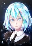  androgynous black_neckwear blue_eyes blue_hair blush diamond_(houseki_no_kuni) eyebrows_visible_through_hair houseki_no_kuni looking_at_viewer parted_lips shadowhime short_hair signature smile solo upper_body 