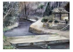  absurdres bare_tree bridge building bush canal cobblestone forest grass highres landscape nature no_humans original painting_(medium) path sazanka_352 shed traditional_media tree water watercolor_(medium) 