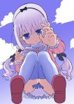  1girl :o bangs black_bow black_ribbon blue_eyes blunt_bangs bow clouds cool-kyou_shinja eyebrows_visible_through_hair from_below full_body fur_collar hair_ribbon head_tilt highres kanna_kamui knees_together_feet_apart kobayashi-san_chi_no_maidragon lavender_hair leaning_forward long_sleeves looking_at_viewer low_twintails official_art open_mouth panties pantyshot pantyshot_(squatting) pink_footwear ribbon shirt skirt sky solo squatting twintails underwear white_legwear white_panties 