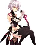  1girl bandage black_legwear black_pants eyebrows_visible_through_hair fate/apocrypha fate_(series) green_eyes highres holding holding_knife holding_weapon jack_the_ripper_(fate/apocrypha) knife looking_at_viewer midriff navel pants scar_on_cheek short_hair silver_hair simple_background sleeveless solo stomach thigh-highs weapon white_background 