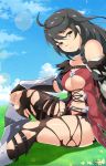  1girl 2017 bare_shoulders bird black_hair black_legwear black_shorts braid breasts clouds exlic grass highres long_hair looking_at_viewer medium_breasts revealing_clothes shorts signature sitting sky solo tales_of_(series) tales_of_berseria thigh-highs torn_clothes torn_shorts torn_thighhighs velvet_crowe yellow_eyes 