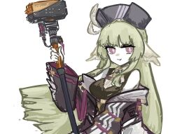  :t arknights bare_shoulders belt bird_girl black_hat black_romper blunt_bangs breasts feather_hair feathers grape_(grayp) green_hair hammer hat hat_feather head_wings high_belt holding holding_hammer holding_weapon jacket jacket_partially_removed long_hair looking_at_viewer medium_breasts poncirus_(arknights) pout simple_background sledgehammer upper_body violet_eyes weapon white_feathers wings 
