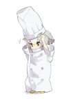  1girl absurdres adjusting_clothes adjusting_hat blonde_hair brown_eyes buttons chef_hat chef_uniform grey_hair hat head_wings highres kemono_friends multicolored_hair northern_white-faced_owl_(kemono_friends) omucchan_(omutyuan) oversized_clothes white_hair 
