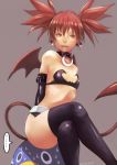  1girl absurdres black_gloves black_legwear black_skirt demon_girl demon_tail disgaea earrings elbow_gloves etna flat_chest gloves highres jewelry looking_at_viewer looking_back makai_senki_disgaea microskirt mine1225 prinny red_eyes red_wings redhead side_slit sitting sitting_on_person skirt skirt_tug skull_earrings tail thigh-highs twintails wings 