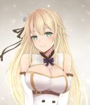 1girl aurora_(f10)_(azur_lane) azur_lane bangs bare_shoulders black_ribbon blonde_hair blush breasts buckle buttons cleavage cleavage_cutout closed_mouth detached_sleeves double-breasted dress eyebrows_visible_through_hair green_eyes hair_between_eyes hair_flaps hair_ornament hair_ribbon head_tilt highres jewelry large_breasts light_particles long_hair looking_at_viewer qiye_luoying ribbon sidelocks smile solo torso upper_body very_long_hair 
