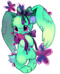  :3 animal_focus bow bowtie choko_(sweetpocket) commentary_request droopy_ears flower full_body furrowed_brow green_fur hair_bow heart highres holding holding_heart looking_up no_humans original pincushion purple_bow purple_flower rabbit solo stitches teardrop violet_eyes 