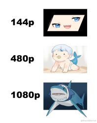  1girl :3 :d animal_hood artist_name baby blue_eyes blue_hair blush_stickers diamond_(shape) diaper full_body gawr_gura hashtag-only_commentary highres hololive hololive_english hood meme pacifier resolution_comparison_(meme) shark shark_hood sharkbitetail sharp_teeth short_hair smile solid_oval_eyes teeth twitter_username virtual_youtuber white_hair 