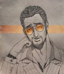  1boy artist_name black_hair borsalino_(kizaru) elbow_rest facial_hair formal goatee_stubble greyscale highres instagram_username itsyashart long_sideburns long_sleeves male_focus monochrome mustache_stubble one_piece open_mouth orange-framed_eyewear sepia short_hair sideburns solo stubble suit sunglasses tinted_eyewear 