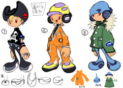  2000s_(style) alternate_costume alternate_hair_color amp_(cool_cool_toon) aqua_footwear aqua_hat aqua_headphones aqua_pants arms_at_sides beanie black_collar black_footwear black_hat black_headphones black_pants black_shirt black_sleeves black_undershirt black_wristband blonde_hair bug_print buttons child closed_mouth coat collar collared_coat collared_jumpsuit collared_shirt concept_art cool_cool_toon cowboy_hat dot_nose earrings fur-trimmed_coat fur-trimmed_collar fur_trim green_coat green_collar green_sleeves gyoubu_ippei hat hat_over_eyes highres horizontal-striped_wristband jewelry jumpsuit large_feet large_hands legs_apart long_sleeves looking_at_viewer numbered official_alternate_costume official_alternate_hair_color official_art open_mouth orange_collar orange_jumpsuit orange_sleeves pants pocket print_headphones print_jumpsuit print_shirt print_sleeves red_eyes reference_sheet ring shirt silver_earrings simple_background sketch skull_print skull_ring sleeves_past_elbows sleeves_past_wrists smile snk standing striped_wristband toon_(style) translation_request turtleneck undershirt urban_style white_background white_fur yellow_footwear yellow_hat 