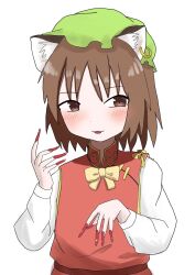  1girl :d animal_ear_fluff animal_ear_piercing animal_ears blush bow bowtie brown_eyes brown_hair cat_ears chen earrings fingernails hands_up hat highres jewelry long_fingernails long_sleeves looking_to_the_side mob_cap nail_polish ofutonno1 parted_lips red_nails red_vest sharp_fingernails short_hair simple_background single_earring smile solo touhou upper_body vest white_background yellow_bow yellow_bowtie 