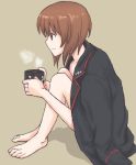  1girl barefoot brown_eyes brown_hair coffee_mug girls_und_panzer knees_to_chest mutsu_(layergreen) naked_coat nishizumi_miho short_hair smile solo tan_background 