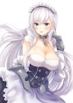  1girl azur_lane bangs belfast_(azur_lane) blue_eyes blush braid breasts chains cleavage collar collarbone commentary_request eyebrows_visible_through_hair french_braid gloves highres ichigo_seika large_breasts long_hair looking_at_viewer maid maid_headdress silver_hair simple_background smile solo upper_body white_background 