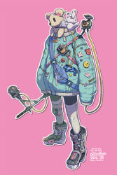  1other aqua_jacket bandaged_leg bandages bandaid black_footwear blue_bag boots bow cable camera english_commentary esuthio full_body highres humanoid_robot jacket knee_pads long_sleeves no_hands orange_bow original pink_background plus_sign_ornament pouch robot science_fiction simple_background single_knee_pad solo sticker stuffed_animal stuffed_rabbit stuffed_toy teddy_bear teddy_bear_ornament 