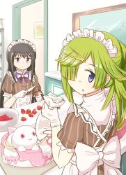  2girls akemi_homura aki_mabayu black_hair cake food fruit gloves green_hair hair_over_one_eye highres holding holding_knife kitchen knife kyubey long_hair looking_at_viewer magia_record:_mahou_shoujo_madoka_magica_gaiden mahou_shoujo_madoka_magica maid multiple_girls selistella strawberry violet_eyes 