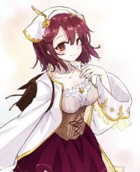  1girl atelier_(series) atelier_lydie_&amp;_suelle backpack bag blush breasts brown_eyes closed_mouth coat commentary_request corset cowboy_shot hair_between_eyes hand_up head_scarf karasumi_(aiseec) long_sleeves looking_at_viewer medium_breasts red_skirt redhead short_hair simple_background skirt smile solo sophie_neuenmuller standing white_background white_coat wide_sleeves 