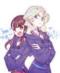  2girls back-to-back blonde_hair blue_eyes brown_hair commentary_request crossed_arms diana_cavendish kagari_atsuko little_witch_academia milk_puppy multiple_girls red_eyes 