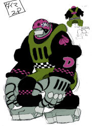  1boy 2000s_(style) alternate_color alternate_costume barefoot bicycle_helmet black_bodysuit black_sleeves bodysuit character_name checkered_bodysuit checkered_clothes closed_mouth concept_art cool_cool_toon dimar_(cool_cool_toon) green_eyes green_overalls gyoubu_ippei helmet highres long_sleeves male_focus no_humans no_pupils official_alternate_color official_alternate_costume official_art overall_shorts overalls playing_card_print print_bodysuit print_helmet print_sleeves purple_helmet simple_background sketch sleeves_past_wrists snk spade_(shape) standing teeth toon_(style) translation_request white_background 