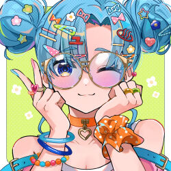  1girl aqua_nails bead_bracelet beads blue_hair border bow bracelet choker closed_mouth colorful commentary dotted_background double_bun glasses green_background hair_bow hair_bun hair_ornament hairclip hands_on_own_cheeks hands_on_own_face haru_yu heart heart_choker heart_hair_ornament heart_ring highres jewelry letter_hair_ornament looking_at_viewer multiple_bracelets multiple_rings one_eye_closed orange_choker orange_scrunchie original outside_border pink_bow pink_nails polka_dot polka_dot_scrunchie portrait ring round_eyewear scrunchie solo star_(symbol) star_hair_ornament symbol-only_commentary tank_top too_many too_many_hair_ornaments too_many_hairclips v white_border white_tank_top wrist_scrunchie yellow-framed_eyewear 