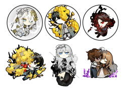  4boys 5girls angelica_(project_moon) bat_(animal) black_hair black_jacket black_pants blue_eyes brown_dress brown_hair camellia cardiogram catherine_(project_moon) chibi clock_hair_ornament closed_eyes closed_mouth dress e.g.o_(project_moon) elena_(project_moon) everlasting_(e.g.o) faust_(project_moon) flower flower_over_eye gear_hair_ornament hair_flower hair_ornament hair_over_one_eye heathcliff_(project_moon) jacket library_of_ruina limbus_company long_hair long_sleeves multiple_boys multiple_girls nishikujic open_mouth pants project_moon purple_flower red_eyes red_flower roland_(project_moon) shirt short_hair simple_background smile spicebush_(e.g.o) very_long_hair white_background white_dress white_hair white_shirt white_veil yellow_flower yi_sang_(project_moon) 