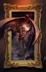  1boy 1other artist_name brown_eyes cape colored_sclera colored_skin crescent_moon demon_wings duel_monster full_body highres holding judgedarts medium_hair moon picture_frame purple_hair purple_skin red_cape red_eyes signature spiky_hair supreme_king_(yu-gi-oh!_gx) third_eye white_hair wings yellow_sclera yu-gi-oh! yu-gi-oh!_gx yubel yuki_judai 