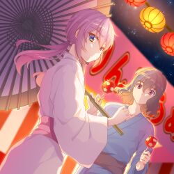  2boys aqua_eyes blue_kimono brown_hair candy_apple food fujimura_hinami highres holding holding_food inazuma_eleven_(series) inazuma_eleven_go japanese_clothes kimono kirino_ranmaru long_hair long_sleeves male_focus multiple_boys oil-paper_umbrella pink_kimono ponytail red_eyes shindou_takuto umbrella 