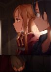  1boy 1girl abec absurdres asuna_(sao) black_eyes black_hair brown_eyes brown_gloves brown_hair collarbone colored fingerless_gloves from_side gloves hand_holding highres indoors kirito long_hair novel_illustration official_art sword_art_online yoru_kiri 