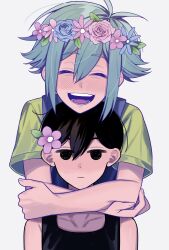  2boys absurdres antenna_hair basil_(headspace)_(omori) basil_(omori) black_eyes black_hair black_tank_top blue_overalls blush collarbone flower green_hair green_shirt hair_flower hair_ornament head_wreath highres looking_at_viewer male_focus multiple_boys ninngenn88888 omori omori_(omori) open_mouth overalls shirt short_hair simple_background smile t-shirt tank_top teeth tongue white_background 