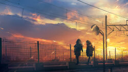  1girl 2girls bag building city clouds cloudy_sky highres long_hair long_sleeves multiple_girls na_(sodium) original outdoors road scarf skirt sky standing sunset traffic_mirror train_station twilight utility_pole winter 