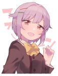  :d absurdres bow bowtie brown_eyes commentary eyebrows_visible_through_hair hair_intakes hair_ornament hairclip highres idolmaster idolmaster_cinderella_girls koshimizu_sachiko looking_at_viewer open_mouth purple_hair short_hair simple_background smile solo text upper_body uso_(ameuzaki) white_background 