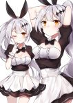  1girl apron arms_behind_head arms_up bada_(jksh5056) bangs black_bow blush bow breasts closed_mouth eyebrows_visible_through_hair five-seven_(girls_frontline) girls_frontline grey_hair hair_bow highres long_hair maid medium_breasts multiple_views ponytail short_sleeves simple_background smile solo tsurime very_long_hair waist_apron white_background yellow_eyes 