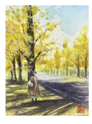  1girl absurdres blue_sky dappled_sunlight faceless faceless_female highres highway original painting_(medium) road sazanka_352 scenery shadow sky solo sunlight traditional_media tree tree_shade watercolor_(medium) 