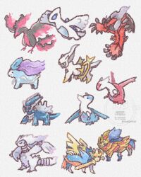  arceus bird blue_eyes dialga dragon fiery_wings galarian_moltres highres latias latios lugia mugipoyow no_humans pokemon pokemon_(creature) pokemon_focus reshiram solid_circle_eyes suicune sword tail weapon wings yveltal zacian zamazenta 