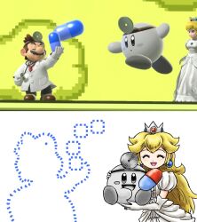  1boy 1girl alternate_color blonde_hair closed_eyes colored_skin crown dr._mario dr._mario_(game) earrings game_screenshot_inset gameplay_mechanics gloves grey_skin head_mirror holding_pill jewelry kicdon kirby kirby_(series) mario pill princess_peach puffy_short_sleeves puffy_sleeves short_sleeves smile sphere_earrings super_mario_bros. super_smash_bros. white_gloves 