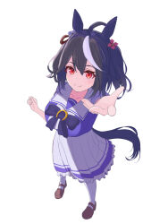  1girl ahoge animal_ears black_hair black_ribbon brown_footwear dyed_bangs fingernails frilled_skirt frills from_above full_body highres horse_ears horse_girl horse_tail kitasan_black_(umamusume) light_blush light_smile loafers looking_at_viewer multicolored_hair neck_ribbon pantyhose pleated_skirt reaching reaching_towards_viewer red_eyes ribbon school_uniform shoes short_hair short_sleeves simple_background skirt solo streaked_hair summer_uniform tail tracen_school_uniform two-tone_hair two_side_up umamusume user_huhj7422 white_background white_pantyhose 