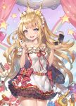  1girl :d bangs bare_arms bare_shoulders belt blonde_hair blush bottle bow breasts cagliostro_(granblue_fantasy) collarbone cowboy_shot curtains dress eyebrows_visible_through_hair flower frilled_dress frills glint granblue_fantasy high_heels highres holding leg_up lipstick_tube long_hair looking_at_viewer maid_headdress mirror momoko_(momopoco) nail_polish off-shoulder_dress off_shoulder open_mouth perfume_bottle pink_rose rainbow red_bow red_footwear red_nails rose short_sleeves small_breasts smile standing standing_on_one_leg star tareme thighs very_long_hair violet_eyes 