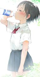  1girl black_hair black_skirt blurry blurry_background blush bottle bow bra bra_through_clothes brown_eyes collared_shirt depth_of_field dress_shirt drinking gomennasai half-closed_eyes hand_up highres holding holding_bottle original pleated_skirt red_bow school_uniform see-through shirt short_hair skirt solo sweat training_bra underwear water water_bottle wet wet_clothes wet_shirt white_bra white_shirt 