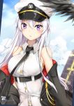  1girl aiguillette animal azur_lane bangs bare_shoulders belt bird black_belt black_coat black_neckwear blue_sky blush breasts buttons clouds cloudy_sky coat collared_shirt day dot_nose eagle enterprise_(azur_lane) eyebrows eyebrows_visible_through_hair eyelashes eyes_visible_through_hair facing_away feathers flight_deck hair_between_eyes hat ikasoke_(likerm6au) light_particles long_hair long_sleeves looking_at_viewer medium_breasts military military_uniform necktie no_bra off_shoulder open_clothes open_coat open_mouth peaked_cap shirt signature sky sleeveless sleeveless_shirt solo sparkle star straight_hair tsurime uniform upper_body very_long_hair violet_eyes white_hair white_hat white_shirt 