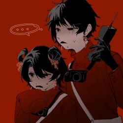  ... 1boy 1girl black_eyes black_gloves black_hair camera camera_around_neck chinese_commentary commentary_request dual_persona earrings frown gloves hair_between_eyes hair_bun hair_ribbon hand_up height_difference high_collar highres holding holding_walkie-talkie jacket jewelry li_yuting_(female) li_yuting_(male) long_sleeves mole mole_under_each_eye mole_under_eye multiple_moles open_mouth red_background red_jacket red_ribbon ribbon shared_speech_bubble short_hair simple_background single_hair_bun single_hair_ring sleeves_past_fingers sleeves_past_wrists speech_bubble spoken_ellipsis sweat touqi_guaitan uneven_eyes uou38 walkie-talkie white_bag 