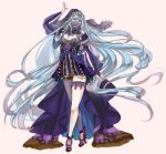  1girl absurdly_long_hair aqua_(fire_emblem_if) blue_hair detached_sleeves fire_emblem fire_emblem_if high_heels jewelry kairiwhisper long_hair looking_at_viewer necklace pink_background simple_background solo thigh-highs veil very_long_hair yellow_eyes 