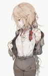  1girl =3 arm_behind_back bangs black_bra blonde_hair blue_eyes bra braid check_commentary closed_mouth collared_shirt commentary commentary_request cowboy_shot expressionless frown g36_(girls_frontline) girls_frontline gradient_hair hand_up head_down jacket lace lace-trimmed_bra line_shading long_braid long_hair looking_away multicolored_hair narrowed_eyes off_shoulder open_clothes open_jacket profile see-through shirt shuzi sigh silver_hair simple_background single_braid sketch slacks solo sweatdrop swept_bangs underwear undressing untied very_long_hair white_background white_shirt 