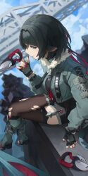  1girl absurdres animal_ears black_gloves black_hair black_shorts blue_sky blunt_bangs building closed_mouth clouds crossed_legs fingerless_gloves from_above fur-trimmed_jacket fur_trim gloves green_eyes green_hair highres holding holding_weapon jacket jane_doe_(zenless_zone_zero) long_hair looking_at_viewer mouse_ears mouse_girl mouse_tail outdoors shorts sidelocks single_leg_pantyhose single_thighhigh sky skyscraper smile solo tail thigh-highs vorlke_(nea_vorl) weapon zenless_zone_zero 