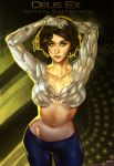  1girl black_hair blue_eyes breasts character_name contrapposto copyright_name cyberpunk cyborg deus_ex deus_ex:_human_revolution groin katrina_sutherland lips looking_at_viewer lowleg lowleg_pants mechanical_arms navel no_nipples nose pants short_hair solo standing topless vintem 