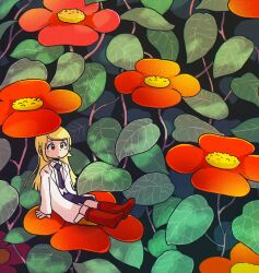  1girl blonde_hair blue_necktie blue_skirt boots flower highres lab_coat lapels leaf long_hair mini_person minigirl nature necktie original red_flower red_footwear shirt sitting skirt solo tareme white_shirt yamarlu 