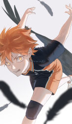  1boy :p arms_behind_back black_feathers black_shirt closed_mouth collared_shirt falling_feathers feathers foot_out_of_frame haikyuu!! highres hinata_shouyou karasuno_volleyball_uniform looking_at_viewer male_focus multicolored_clothes multicolored_shirt multicolored_shorts orange_eyes orange_hair running shirt shoes short_hair shorts simple_background smile solo sportswear sua_lucid tongue tongue_out twitter_username volleyball_uniform white_background white_footwear 