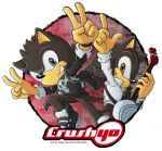  2boys arms_up artist_name band_name brown_eyes crush40 double_v electric_guitar grey_eyes guitar index_finger_raised instrument jewelry johnny_gioeli looking_at_viewer microphone multiple_boys personification ring rock_band senoue_jun smile sonic_the_hedgehog v 