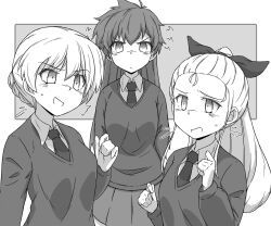  3girls aged_down alternate_hairstyle assam_(girls_und_panzer) black_necktie black_ribbon blonde_hair braid brown_hair collared_shirt commentary_request darjeeling_(girls_und_panzer) frown girls_und_panzer hair_down hair_ribbon highres long_hair messy_hair miniskirt monochrome multiple_girls necktie renshiu ribbon rukuriri_(girls_und_panzer) school_uniform shirt skirt st._gloriana&#039;s_school_uniform sweater 