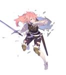 1girl belt broken_shield brown_eyes fire_emblem fire_emblem_heroes fire_emblem_if full_body gloves grin hairband highres holding holding_weapon knee_pads looking_back official_art one_eye_closed pink_hair sheath shield smile soleil_(fire_emblem_if) solo sword thigh-highs torn_clothes transparent_background weapon white_gloves 