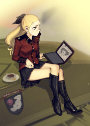  1girl akiyama_yukari anglerfish_costume assam_(girls_und_panzer) black_ribbon black_skirt blonde_hair boa_(brianoa) character_request check_character computer girls_und_panzer jacket laptop long_hair military_vehicle motor_vehicle red_jacket ribbon sitting skirt st._gloriana&#039;s_military_uniform tank 