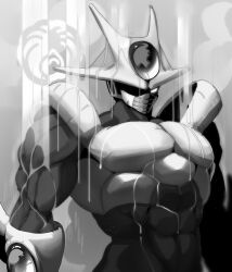  1boy abs artist_logo biceps cooler_(dragon_ball) covered_pectorals dragon_ball dragon_ball_z dripping english_commentary gem glowing glowing_eye greyscale highres male_focus mask mlix monochrome mouth_mask muscular muscular_male one_eye_in_shadow reptile_boy scene_reference solo wet 